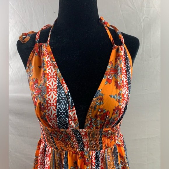 Boho Orange Tie Shoulder Criss Cross Backless Cami Dress - Picture 6 of 9